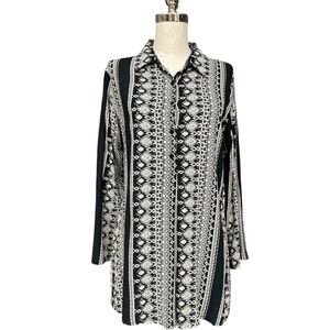 Kaktus Black & Cream Tribal Print Tunic, Size Medium, Boho Lightweight Fall Top